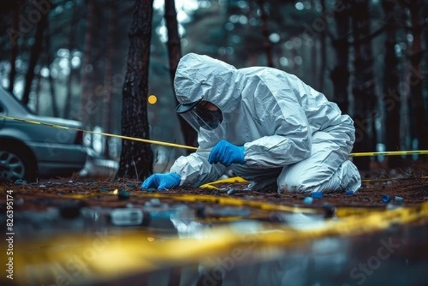Obraz Forensic investigator in protective suit crouched over, examining evidence at a crime scene in a wooded area