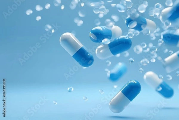 Obraz Blue and white capsules and tablets fall amidst bubbles against a serene blue background, symbolizing healthcare