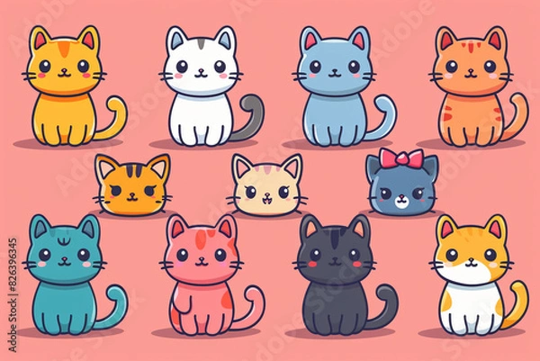 Fototapeta A grid of cute kawaii cat characters in the style of digital art and vector illustration, character design sheet, simple shapes with low details and flat colors, sticker designs in the style of vector