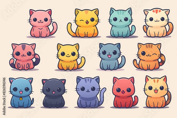 Fototapeta A grid of cute kawaii cat characters in the style of digital art and vector illustration, character design sheet, simple shapes with low details and flat colors, sticker designs in the style of vector