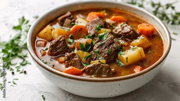 Fototapeta Bowl of hearty beef stew with vegetables on a white background