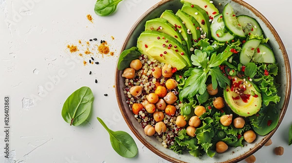 Fototapeta Bowl of quinoa salad with avocado and chickpeas on a white background