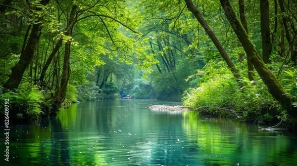 Obraz Serene river flowing through lush green forest, clear blue water reflecting the surrounding trees, perfect for peaceful and natural landscape themes, isolated background.