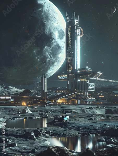 Fototapeta An extraterrestrial big city on the moon, with space station and energy center located in a futuristic moon habitat, accessible by a space elevator, with a moon buggy
