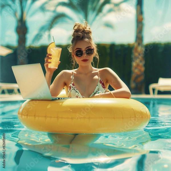 Fototapeta A young girl on an inflatable ring works in the pool on a computer and drinks a cocktail. Concept of work for pleasure, generation ai