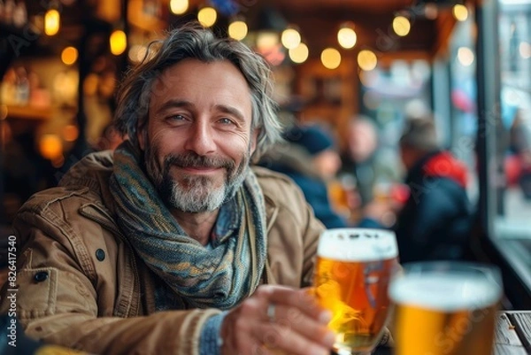 Fototapeta An affable man with a scarf toasts with a beer, showing enjoyment in a well-lit pub atmosphere