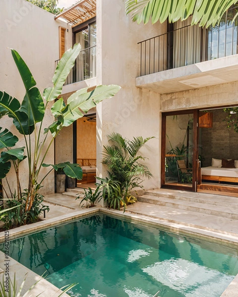 Fototapeta A modern minimalist house in Mexico with a small pool and garden near the home featuring lush plants, concrete floors, beige walls creating a tropical vibe