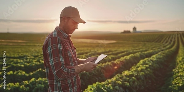 Fototapeta A focused farmer stands in a vast field using a tablet during a picturesque sunset, representing modern agriculture