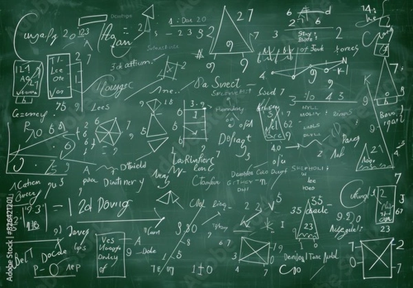Fototapeta School board with chalk drawing math and chemical formulas, AI generated
