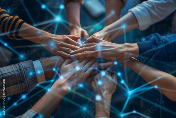 Fototapeta A group of diverse hands coming together with a digital network overlay, signifying unity