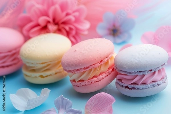 Fototapeta Close-up of French macarons with cream filling, surrounded by delicate flower petals
