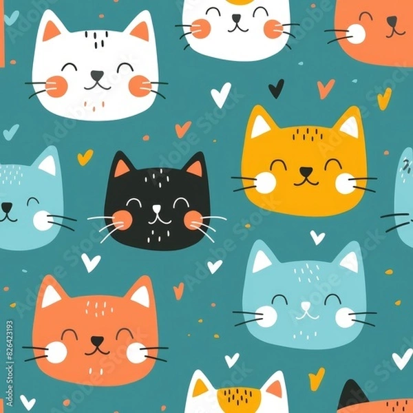 Fototapeta Adorable Cartoon Cat Faces Pattern for Playful Backgrounds