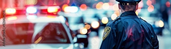 Obraz Police officer in uniform, directing traffic on a busy street, authoritative and vigilant, ideal for law enforcement and public safety themes, isolated white background.