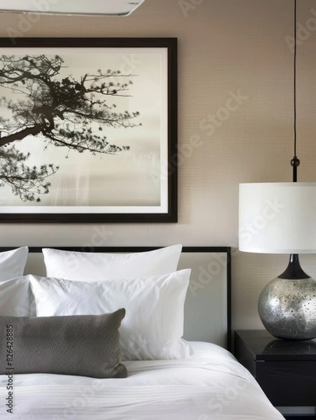 Obraz The hotel room has a large black and white tree painting on the wall, chandelier hanging above the bed, beige walls, minimalist style, beige carpet, high-end design sense, modern art decor by Wabisabi