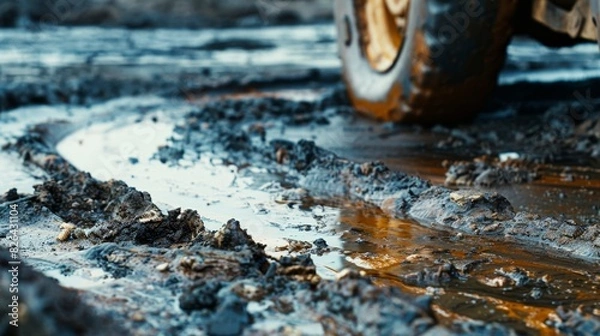 Fototapeta Close-up view of a muddy terrain with deep tire tracks. The mud has a dark brown color with patches of water reflecting light, giving it a shiny appearance