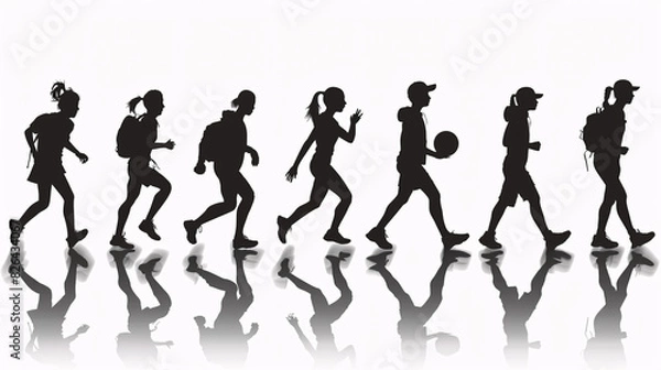 Fototapeta Silhouettes of people running on a white background