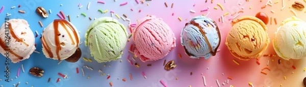 Obraz Scoops of artisanal ice cream with various toppings such as sprinkles, nuts, and caramel sauce, set against a bright, colorful background, perfect for promotional materials and social media posts.