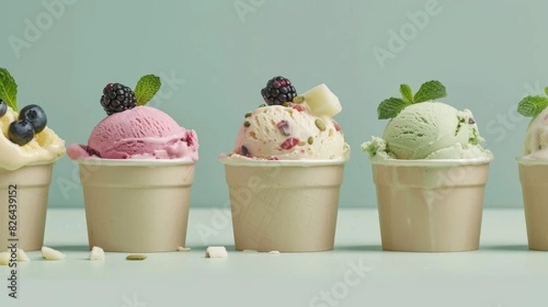 Obraz Healthy vegan ice cream made from natural ingredients, served in biodegradable cups, set against a clean, minimalist background, promoting eco-friendly and health-conscious dessert options.