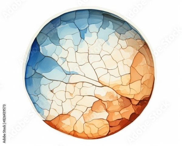 Obraz Abstract circular artwork with cracked textures in blue, white, and orange tones, resembling a planet. Ideal for modern and contemporary decor.