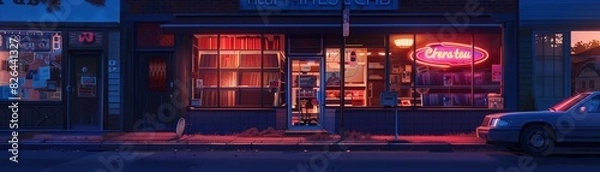 Obraz Exterior of a classic CD rental store with neon signage, street view at dusk, inviting storefront, great for retro business promotions and nostalgic cityscape themes, urban background.