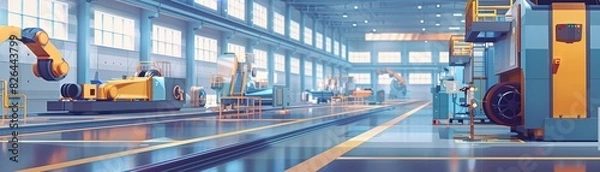 Fototapeta Modern factory interior with advanced machinery and assembly lines, high-tech equipment, perfect for illustrating industrial automation and manufacturing processes, clean and organized layout.