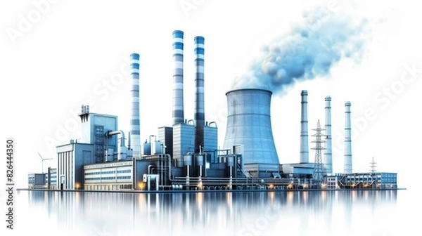 Obraz Modern power plant with smokestacks and cooling towers under a clear blue sky, isolated on white background, copy space, industrial energy production, sustainable electricity generation, high