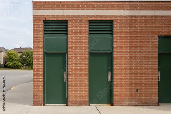 Fototapeta Three green doors - set in red brick wall adjacent to empty parking lot - distant houses and trees under cloudy sky. Taken in Toronto, Canada.