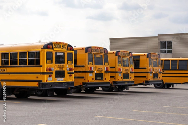 Fototapeta Yellow school buses lined up in a parking lot - SCHOOL BUS signage - safety warnings and signals - building in background. Taken in Toronto, Canada.