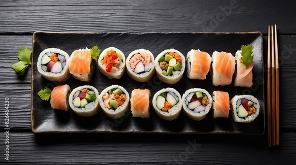 Fototapeta A plate of gourmet sushi rolls arranged artfully on a slate platter On a black wooden background. Top view. Free space for your text.