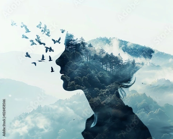 Obraz A double exposure of a woman's silhouette with a scenic mountain landscape and birds flying, symbolizing nature and freedom.