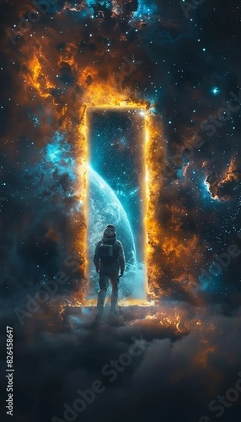 Fototapeta A lone astronaut stands before a fiery portal, gazing at Earth from the depths of space, embodying exploration and science fiction.