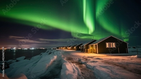 Fototapeta A stunning display of the Northern Lights (Aurora Borealis) above houses on a snowy landscape