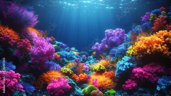 Obraz Neon glow background, underwater scene, glowing marine life, bright neon corals, high contrast, vibrant ocean colors, futuristic aquatic, digital art