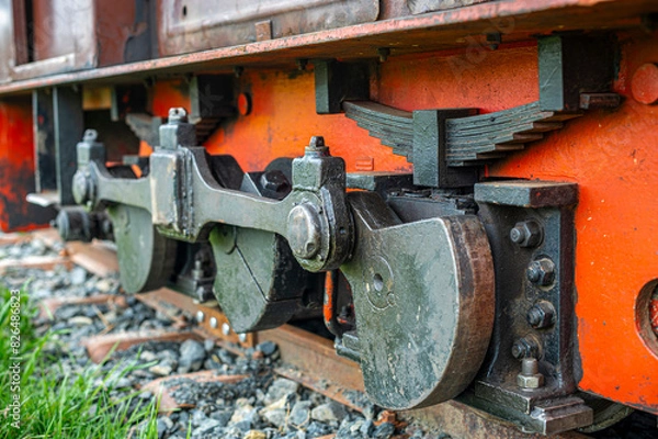 Fototapeta detail of wheels, transmission mechanism and suspensions of an old and small diesel locomotive