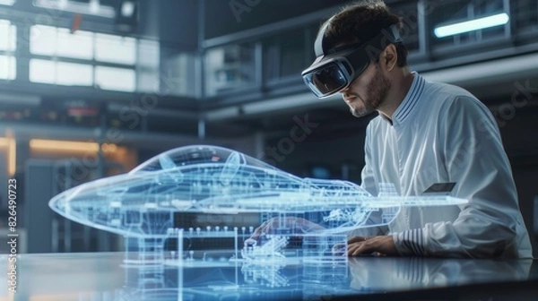 Fototapeta Engineer wearing VR glasses designs a military aircraft of the future