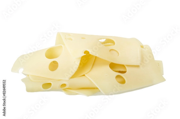 Fototapeta Swiss cheese slices close up on the white