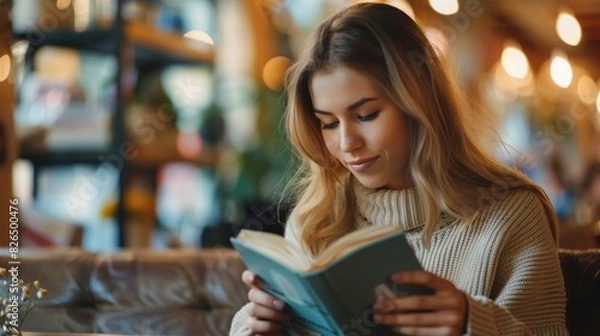 Fototapeta Tranquil Young Woman Reading a Book in a Cozy CafÃ© with Warm Indoor Lighting