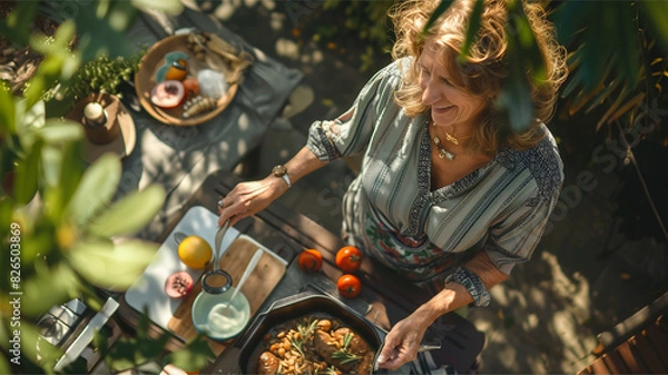 Fototapeta Woman Cooking Outdoors Fresh Ingredients Healthy Meal Preparation Happy Mature Smiling Garden Sunlight Culinary Herbs Vegetables Fruit Relaxation Enjoyment