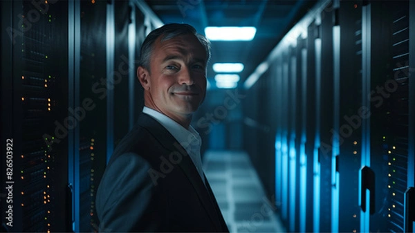 Fototapeta Man Data Center Server Room Technology Professional Engineer Mature Focused Confident IT Infrastructure High-Tech Environment Business