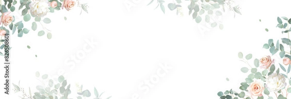 Fototapeta Light pink rose, white peony, blush ranunculus, mint green eucalyptus, greenery, fern vector design frame. Wedding seasonal flower card. Floral watercolor banner composition. Isolated and editable