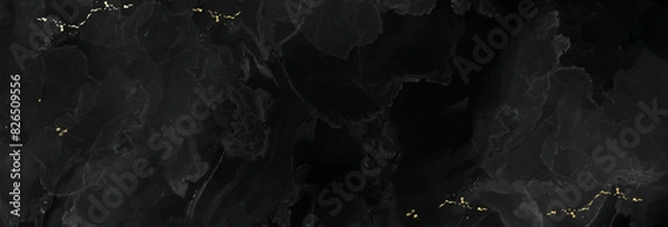 Obraz Elegant black marble surface vector design background. Golden kintsugi painting. Gothic black and gold long horizontal banner invitation. Charcoal stone or concrete dark wall. Abstract black ink waves