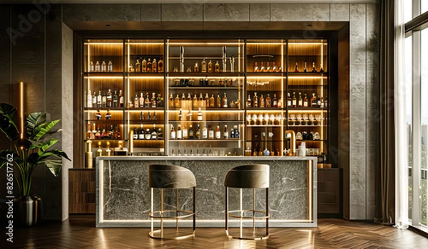 Fototapeta Selective focus of contemporary bar counter or nightclub in luxury and elegant style.for background interior design.drinking concepts ideas
