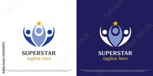 Fototapeta Work teamwork logo design illustration. Silhouettes of people group individuals colleagues friends office work company business leader star success achievement. Modern minimal simple flat icon symbol.