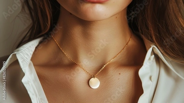 Fototapeta Close-up of a woman's neck and upper chest area, showcasing a gold necklace with a circular pendant