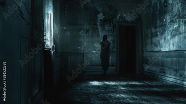 Obraz Poto of a ghost in an abandoned house, shadow in the darkness