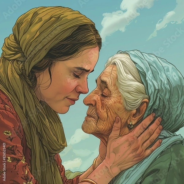Fototapeta Explore the captivating cartoon interpretation depicting Ruth's unwavering loyalty towards her revered mother-in-law Naomi, showcasing a heartening portrayal of deep devotion, selflessness