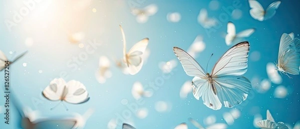 Obraz bright butterflies flying in the blue sky with clouds. flying blue butterflies. copy spaces.Generative AI