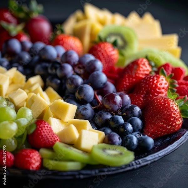 Fototapeta Top view of fresh summer fruits and berries on cheese plate.