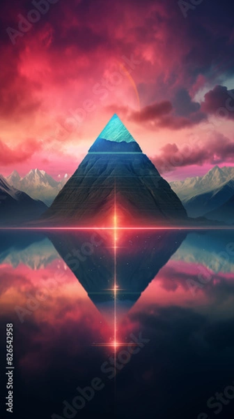 Fototapeta Surreal landscape with triangle pyramid concept poster. Abstract geometric wallpaper background. Cyberpunk vaporwave style. Raster bitmap digital illustration. AI artwork.