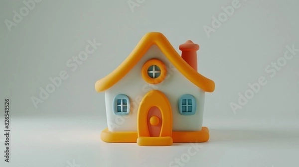 Fototapeta Close-up of a small, colorful toy house with orange roof, blue windows, and a chimney against a plain background.